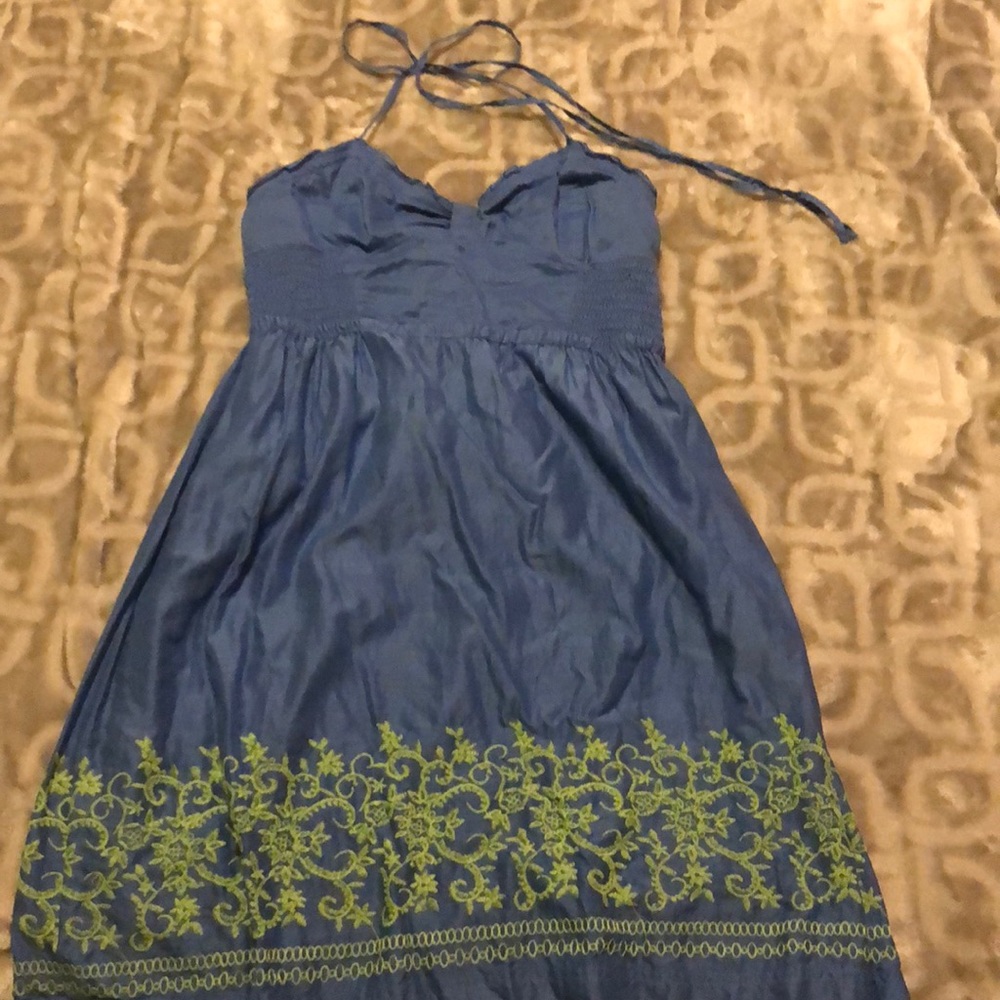 Blue Halter Toped Dress with Green Detailing